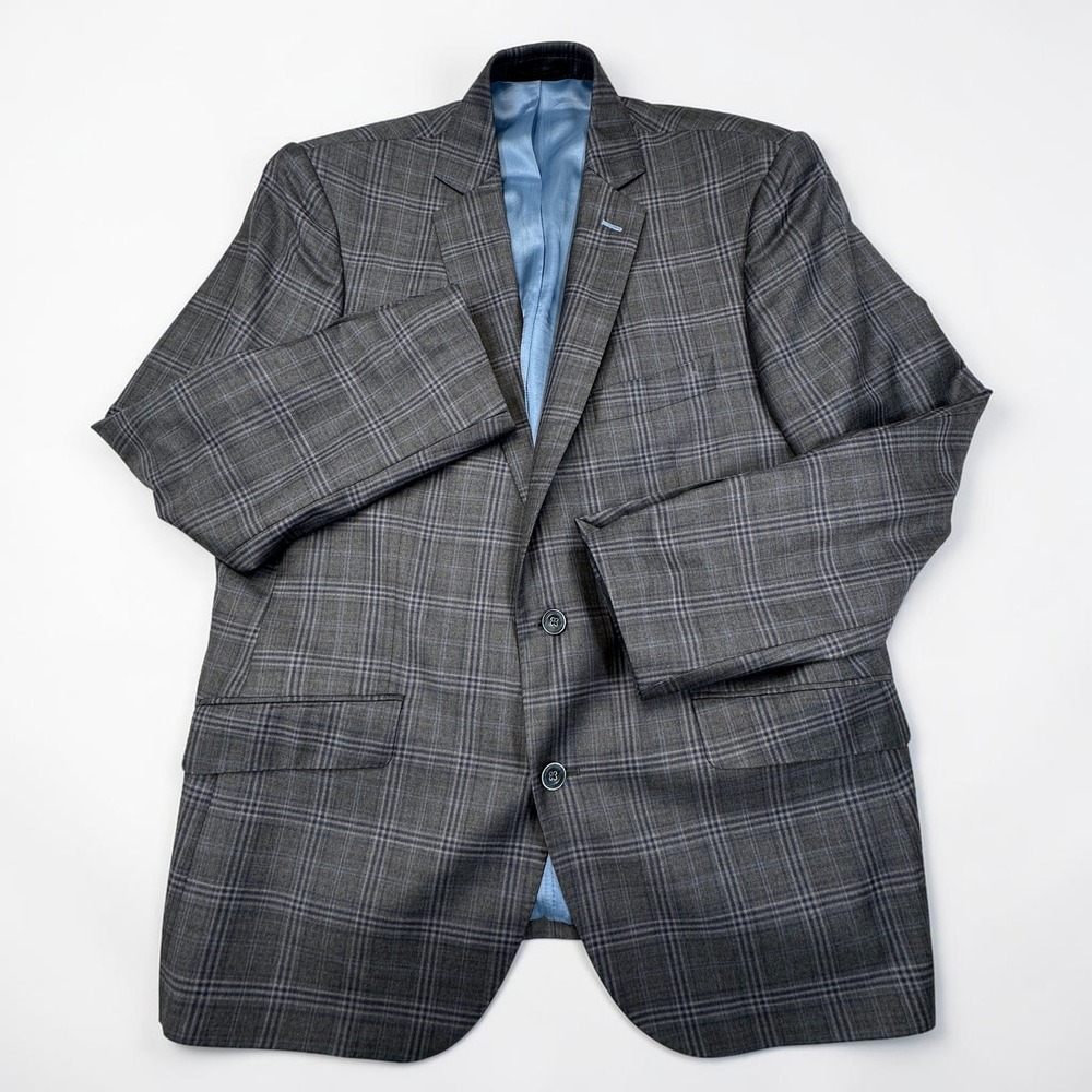 J.Hilburn Sport Coat Mens 43R Grey Blue Glen Plaid 100% Wool European Fit Blazer